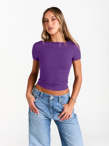 Image of Trendy Queen Womens Boat Neck Tops Short Sleeve Shirts | Compression Basic Tops,Y2K Aesthetic Slim Fit,Professional Business Casual, Polished Teacher Outfits
