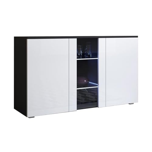 MB Muebles Bonitos, Buffet Meuble TV avec Pieds 2 cm Luke A1 pour Salon et Salle à Manger avec Lumière LED, Meuble en Mélamine Brillante, Couleur Noir et Blanc,...