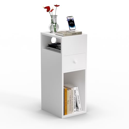VOUNOT® Mesita de Noche Estrecha con 2 Compartimentos Abiertos y 1 Cajón 25x30x66cm, Mesilla de Noche Pequeña Estilo Moderno, Mesa Auxiliar Alta de Madera para Dormitorio, Salón, Sala de Estar, Blanco