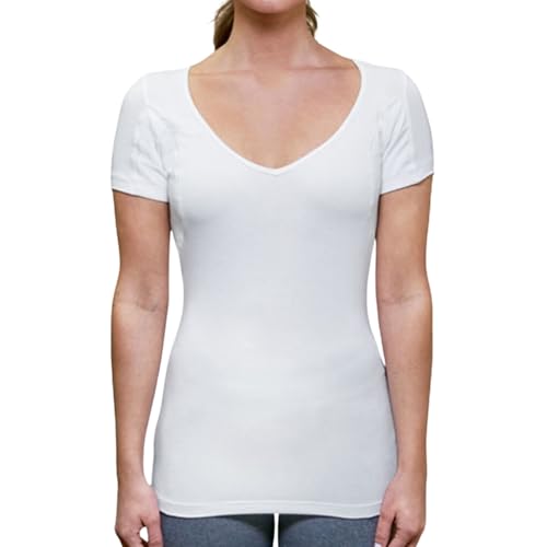Women's Sweatproof Undershirt - Deep V Neck T-Shirt with Underarm Sweat Pads - Slim Fit - Aluminum-Free Alternative - White - Medium