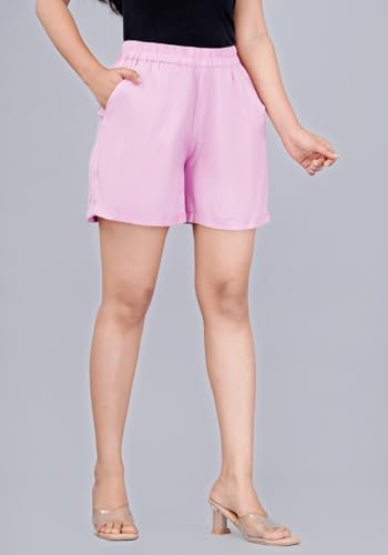 Image of Women's Cotton Regular Relaxed Fit Solid Print Design Thigh Length Casual Summer Running Yoga Gym Night Wear Shorts Elastic Waistband and Drawstring with Pocket