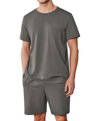 Ekouaer Mens Pajamas Set Cotton Short Sleeve Sleepwear 2 Piece Pj Sets for Men Soft Nightwear with Pockets S-XXL