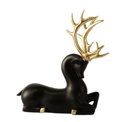 Image of ARMONIA Black Reindeer Figurine with Gold-Toned Antlers Seated Decorative Statue in Lightweight & Durable Design | Luxury Home Decor Accent & Perfect Gifting, Figurine for Home Decor Gift,Housewarming