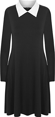WearAll - Übergröße Kragen Langarm Plain-Schwingen-Kleid - Schwarz Weiß...