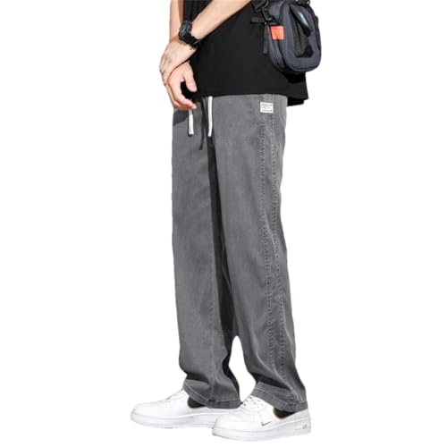 Men Summer Fabric Jeans Loose Straight Thin Elastic Waist Denim Pants gray9 XXL