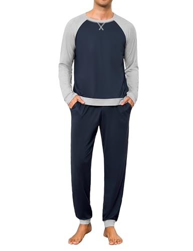 Leversic Pijamas Hombre Invierno Camisa Henley de Manga Larga Ropa de Dormir Sencilla en Color Liso Top y Pantalones Largos de Lounge con Bolsillos(Azul Marino,XL)