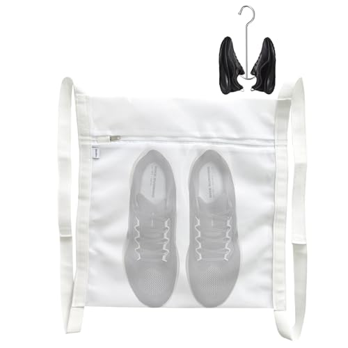 ShooBoo 2-Piece Sneaker Dryer Bag and Shoe Drying Rack Set, Large Shoe Wash and Dry Net Bag for Dryer Door with Elastic Straps, Mesh Laundry Bag for Shoes, White, 15.7 x 16.1 Inches