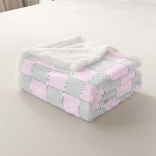 Image of Erosebridal Initial Letter E Fuzzy Plush Throw Pink and White Checkered Fleece Blanket Cute Monogram Plaid Sherpa Blanket for Kids Girls Women,Kawaii Gingham Grids Decor for Bed Couch Queen 90 inchx90 inch