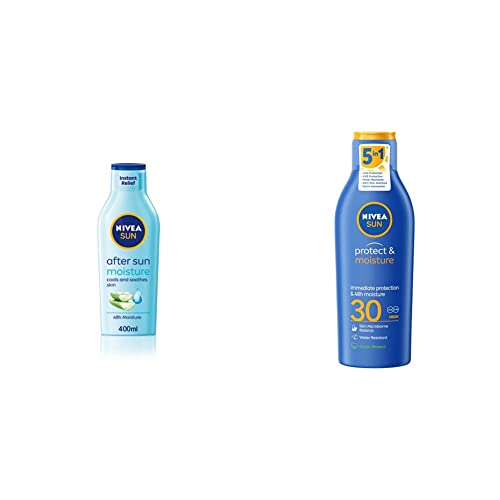 NIVEA SUN After Sun Moisturising Soothing Lotion, Cooling Moisturiser with Aloe Vera & SUN Protect & Moisture Sun Lotion SPF 30, Sunscreen SPF 30 Advanced Protection