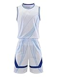 YiZYiF Kinder Jungen Basketball Trikot Set Mit Druck 2 Stück Basketball Jersey Shirt Und Shorts Gr. 110-170 Weiß&Blau 146-152