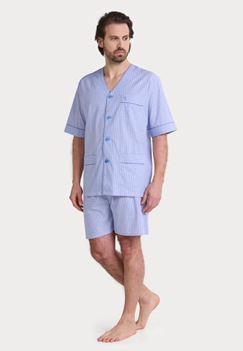 El Búho Nocturno Mens Pajama Set Short Sleeve Summer Cotton Poplin Woven Checkered Pajama Set for Men, 100% Cotton, Blue 4544, L2