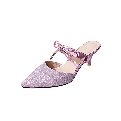heipeiwa Women Stilettos Heels Sequin Dress Pumps Bow Tie Heeled Sandals Pump Shoes Pink