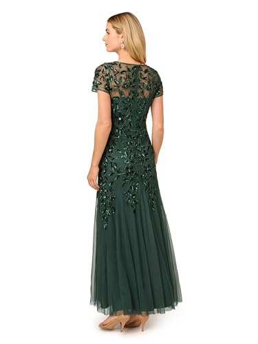 Image of Adrianna Papell Women's Beaded Gown with Godets - Floor Length Gown with Floral Embellishments & Cap Sleeves