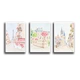 AERFDYHUH Pastel Pink Paris Watercolor Print Set of 3 Eiffel Tower Parisian Cafe Print Set France Travel Wall Art Poster Home decor 12x18in-3PCS-Frameless