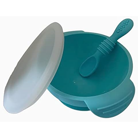 House of Luxx 3 Piece Silicone Suction Weaning Set, with Bowl, Spoon, Lid Baby Weaning BPA-Free (Blue) Cover