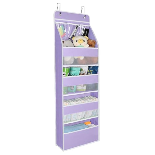 Image of Univivi Door Storage Organizer Nursery Over the Door Organizer Baby Storage with 4 Large Pockets and 3 Small PVC Pockets for Cosmetics, Toys and Sundries (Purple)