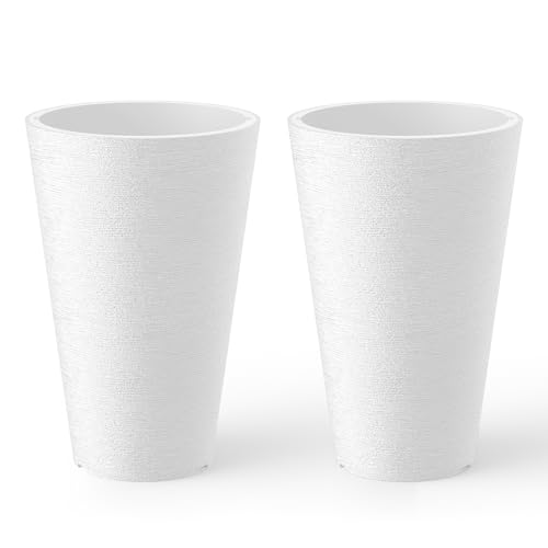 Kante Tall Round Planter Set of 2 13 Inch Tall Decorative Planter Pots for Outdoor Indoor Garden Patio Front Porch (White)