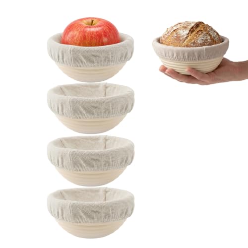 5 Inch Mini Banneton Bread Proofing Basket Set Of 4, Easy-Clean Round Sourdough Proofing Basket, Small Banneton For Sourdough Bread Baking Supplies With Liners