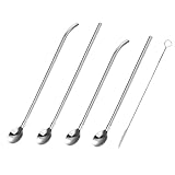 HOLIDYOYO 5 piezas Pajitas y Cucharas de Acero Inoxidable con Cepillo de Limpieza Reutilizables para Café Cócteles y Batidos para Azúcar Crema y Bebidas Variadas