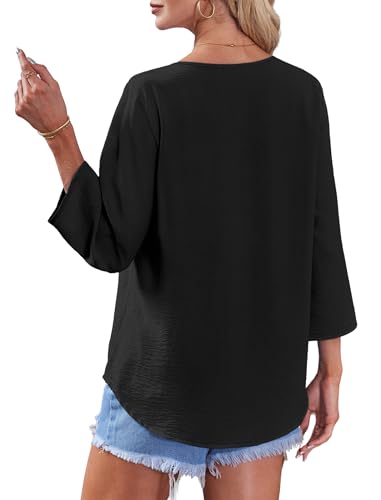 Image of OFEEFAN Button Down Shirts for Women 3 /4 Length Sleeve Tops V Neck Blouses Business Casual Outfits Loose Fit