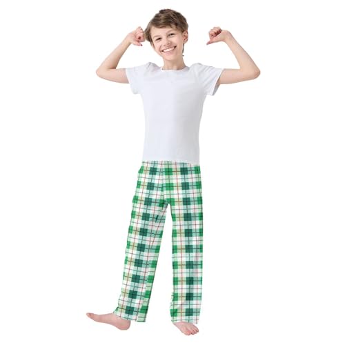 ZZXXB Green and White Checkered Boys Long Pants Soft Trousers Elastic Waist Kids Lounge Bottoms with Pockets S-XL2