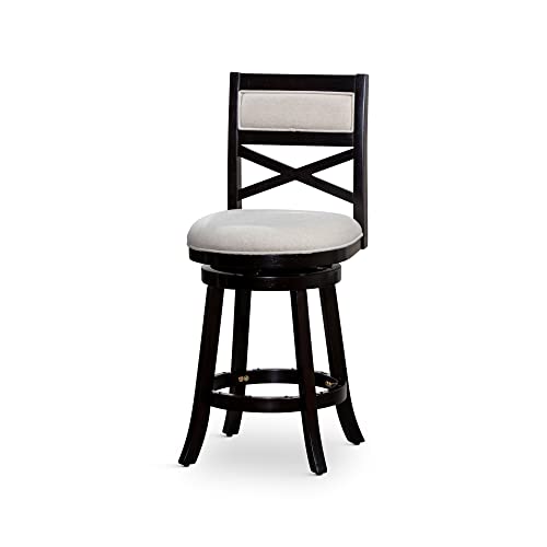DTY Indoor Living Meeker X Back Taburete giratorio de tela, altura de barra de 30 pulgadas, acabado espresso, asiento de tela beige