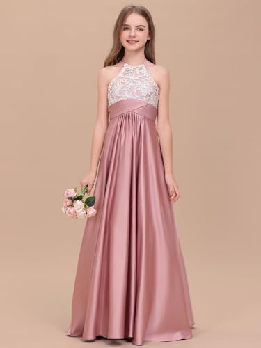 Lace Applique Junior Bridesmaid Dress for Wedding Kids Halter A-Line Flower Girl Dress Long Princess Pageant Prom Gown2