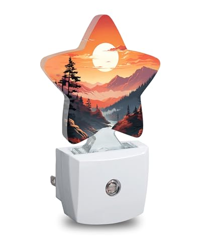 Image of Sunset Mountains Forest Star Night Light Plug in, Soft Glow Night Light for Kids Bedroom Nursery, Gentle Warm Light for Sleep, Compact Lamp for Hallway Bathroom