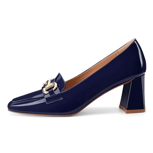 Image of Womens Mid Block Chunky Heeled Loafers Closed Square Toe Patent Leather Comfortable Slip On Pumps Metal Chain Basic Classic Casual Work Office Dress Shoes 2.8 Inches Heels