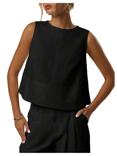 MakeMeChic Women's Linen Shirts Dressy Tops Summer Crop Tank Tops