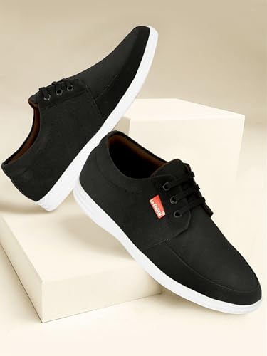 Image of Le Greem Men's Casual Lace-Up Shoes | Lightweight Synthetic Upper | Stylish & Comfortable Sneakers with Anti-Slip Sole - Black