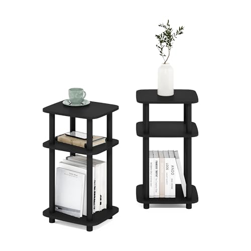 Image of Furinno JUST 3-Tier Telephone Table Set of 2, Turn-N-Tube Toolless Side Table with Open Shelf, Round Curve Corner Night Stand, Bedside Table, for Living Room, Bedroom, Americano