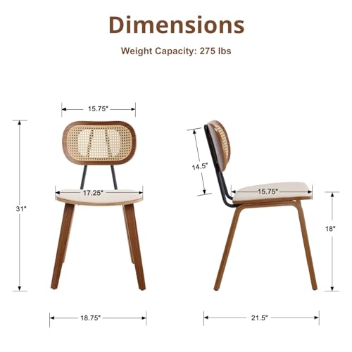 HEAH-YO Modern Dining Chairs Set of 2, Upholstered Faux Leather Dining Room Chairs with Rattan Backrests and Wood Legs, Armless Kitchen Chairs for Dining Room, Beige
