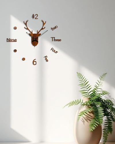 Image of cozyloom Deer Face Wooden Wall Clock | Decorative Wall Decor for Living Room, Bedroom, Office & Home | Brown Design Wall Clock.
