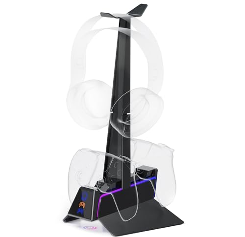 Oniverse - Cargador de Mando PS5 (estación de Carga rápida 2H, Soporte para Mando y Accesorio PS5, Doble Cargador Compatible con DualSense, Soporte extraíble de Carga para Auriculares Incluido
