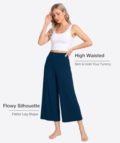 Image of GYS Bamboo Viscose Wide Leg Gaucho Cropped Pants, High Waist Capris Cloud-Soft Pajama Pants with Pockets, Flowy Yoga Pants