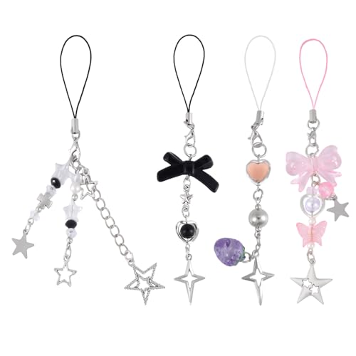 NQEUEPN 4pcs Aesthetic Phone Charms, Y2K Cell Phone Charms Strap Strawberry Bow Star Cute Phone Case Pendants for Keychain Bag Camera Decor (Pink) NQEUEPN 4pcs Aesthetic Phone Charms, Y2K Cell Phone Charms Strap Strawberry Bow Star Cute Phone Case Pendants for Keychain Bag Camera Decor (Pink)