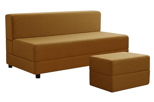 Image of 5X6-Feet Leg Sofa Cum Bed with Ottoman | Jute Fabric 3 Seater Convertible Sofa Bed | Modern Space Saving Furniture for Living Room | Golden