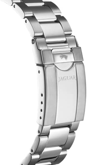 Close-up of the stainless steel bracelet and clasp of the JAGUAR Connected Collection J888/4 smartwatch, showing the JAGUAR logo.
