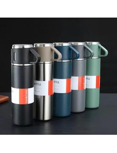 Image of Vacuum Flask Set with 2 Cups, Double Wall Stainless Steel Thermo 500ml Vacuum Insulated Bottle Water Flask Set with 3 Cups with Two Cups Hot & Cold