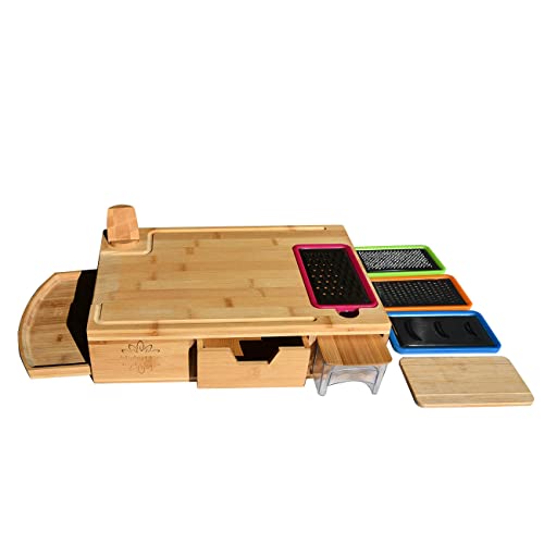 Mightyneat Bamboo Cutting Board With Containers- Multifunction Easy Prep Station With Juice Grooves- Easy Cleanup And Storage- Includes Phone Holder And 4 Multi-Functional Graters With Sliding Trays #TOP1