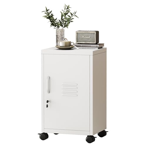 Image of pozdeg 24.4 inch H Metal Storage Locker with Wheels, Single Door Lockable Steel File Cabinet with Adjustable Shelf, Anti-Theft Locker for Home, Office, School, Gym Organizer, White