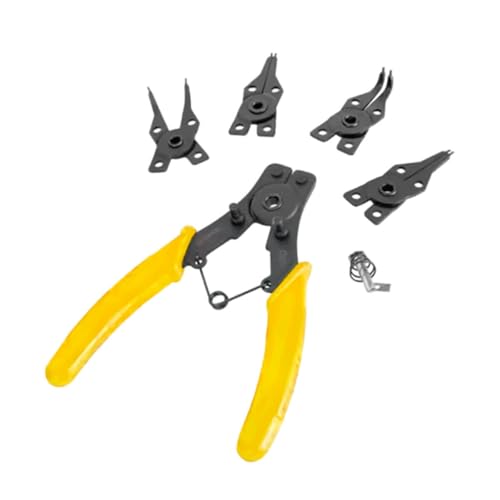Alicate para Anéis Elásticos com 4 Cabeçotes, Mola Auxiliar, Ângulos 180°/45°/90°, Amarelo