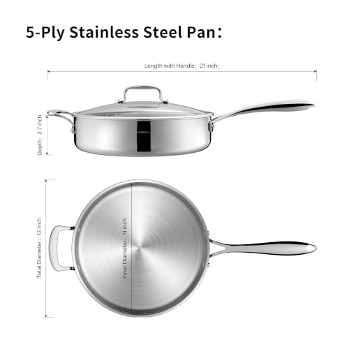 Image of 12 Inch / 4.5 QT 5-Ply Stainless Steel Saute Pan with Glass Lid