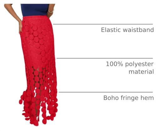 Image of Cicy Bell Womens Hollow Out Maxi Skirts Summer Boho Fringe Hem Long Skirt | High Waist,Circle Skirt,Casual,Dressy,Midi Skirt,Beach Vacation