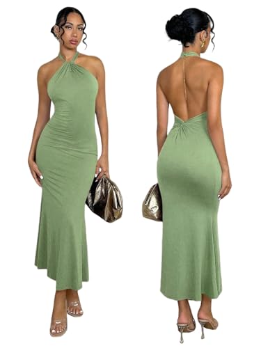 Image of SKAYS Women's Summer Dress Halter Bodycon Maxi Dress Backless Casual Party Dresses