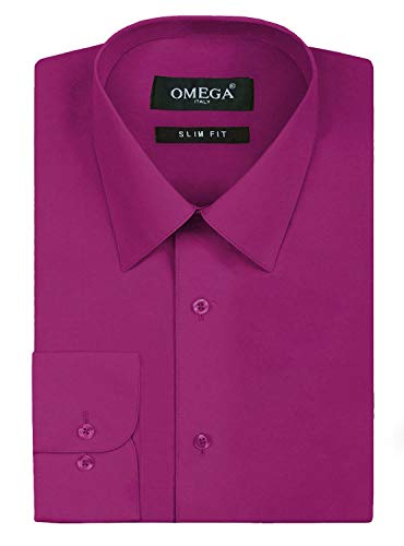 Omega Italy Men's Premium Slim Fit Button Up Long Sleeve Solid Color Dress Shirt - Magenta - S (14-14.5) 32/33 Sleeve