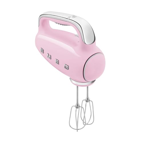 Smeg HMF01PKUK Hand Mixer with Turbo Function, 3 Attachments, LED Display, Retro 50's Style, 250W, Pink