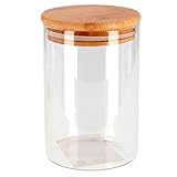 Capacidad: 950 ml, Fabricado en cristal de borosilicato, la tapa es de madera de bambú, Medidas aproximadas: 17,3 x 10 cm (altura x diámetro), Ideal para guardar café, galletas, legumbres, pastas, etc
