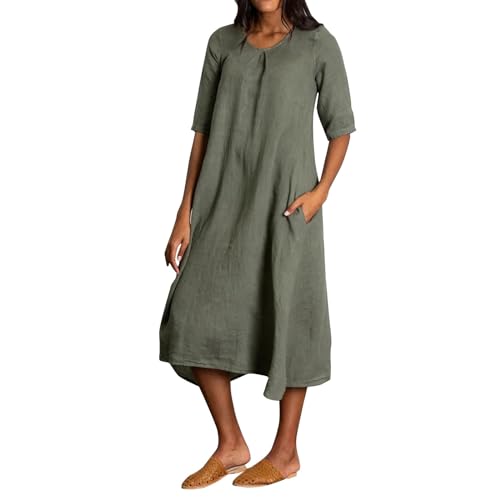 Strandkleid Damen wickelkleid Einfarbig Baumwolle Leinen V-Ausschnitt Halben Ärmel Bluse Kleid sexy Kleider(Armeegrün, M)